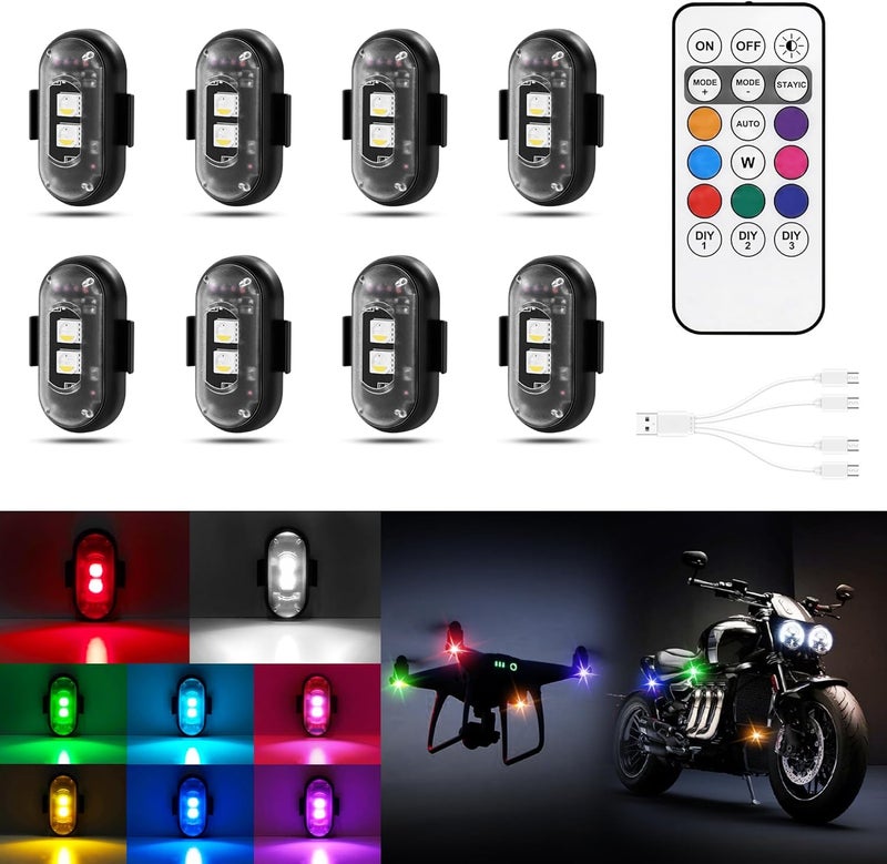 Amiline Wireless LED Lights for Car 8PCS with Remote Control, Wireless LED Strobe Lights 8 Colors USB Charge IP65 Waterproof Anti-Collision for Car Motorcycle Drone RC Aircraft Bike, Black - Image 1